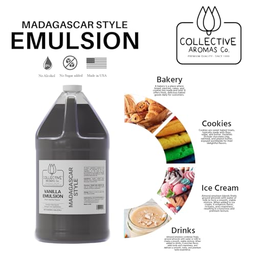 Collective Aromas Co. Madagascar Style Vanilla Emulsion for Baking – Concentrated Vanilla Flavoring for Cake, Cookies, Frosting, Ice Cream & Desserts, Bakery Style Liquid Emulsion 1 Gallon (128 fl oz) - size: Madagascar Vanilla - 1 Gallon (128 fl oz)