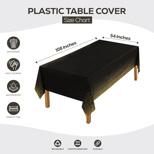 Utopia Kitchen Plastic Table Cloth Disposable (12 Pack - 54x108 Inch) Black Gold Dots Rectangle Tablecloth Waterproof Stain Resistant Party Table Cover - color: Black Gold Dots, size: 54X108 Inch - 12PC