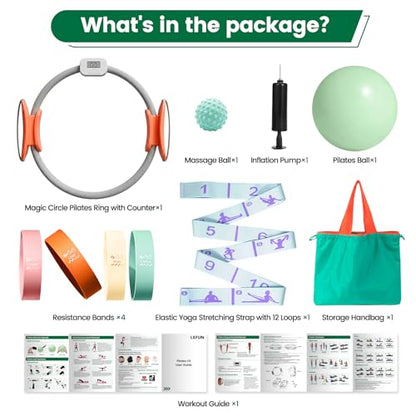 Magic Circle Pilates Equipment Kit with Smart Counter - 14" Pilates Ring and Ball Set with Yoga Ball, Resistance Bands, Stretching Strap, Massage Ball & Bag for Home Full Body Workouts