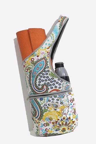 INDIAN CRAFT CASTLE Yoga Mat Bag | Tote Mat Bag | Sling Yoga Tote w/Large Side Pocket & Zipper Pocket | Yoga Mat Carrier Fits Most Size Mats - color: White Paisley