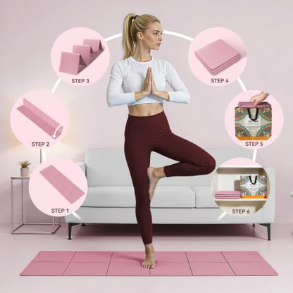 Foldable Yoga Mat Thick Non-Slip Exercise Mat | Packable Travel Fitness Mat, Carrying Bag Included, For Yoga, Pilates, Workout, Home & Gym Use - color: pink