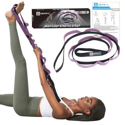 A AZURELIFE Half-Elastic Stretch Straps with 11 Loops, Stretching Strap for Physical Therapy, Multi-Loop Yoga Strap Fitness Exercise Strap for Yoga, Pilates, Dance, Flexibility&Exercise - color: Half Elastic-Purple