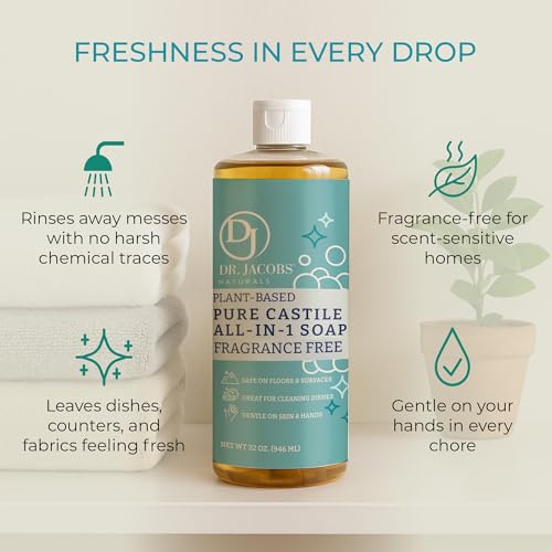 Dr. Jacobs Naturals Fragrance Free Castile All-in-One Cleaner and Soap - Plant-Based Formula for House Cleaning Floors and Appliances - Gentle on Skin and the Planet - 32 oz, 2 Pack - size: 32 Fl Oz (Pack of 2), style: Unscented