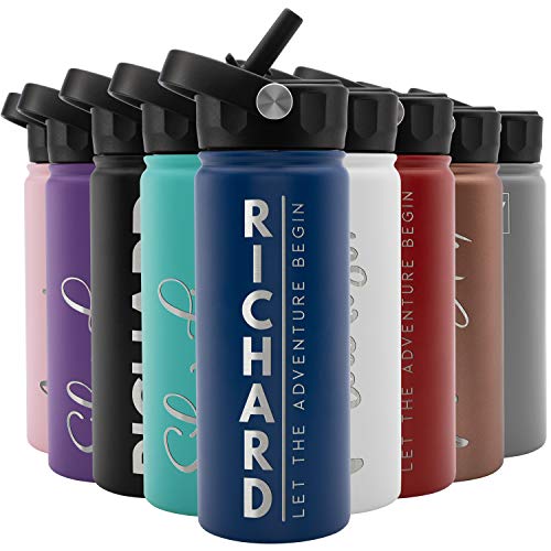 Amazing Items Personalized Water Bottle w/Straw & Lid, 18 oz - Navy Blue | Custom Stainless Steel Sports Water Bottle w/Name and Text - Double-Wall, Vacuum Insulated - Rotating Handle - color: Navy Blue, size: 18 Ounces
