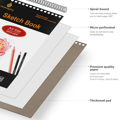 8.3"x11.7" Sketch Book, 2- Pack 2x60 Sheets Spiral Bound Art Skethbook, Sketch Pad (80 lb. / 120 GSM), Artist Drawing Book White Paper Painting Sketching Pad