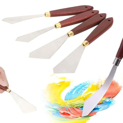 Palette Knifes Set 4 Pieces Stainless Steel Painting Knives with Wood Handles for Oil Acrylic Painting Pigment Blending Cake Decorating Art Supplies
