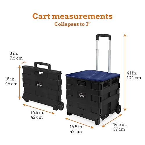 Inspired Living Collapsible Ultra-Slim Pack-N-Roll,2 Wheel Utility Cart w/Lid Used as Seat up to 250 Lbs, Telescopic Handle - Super Strong, for Home, Garden, Shopping, Office, School use, Large, Blue - color: Blue, size: Large/ Lid