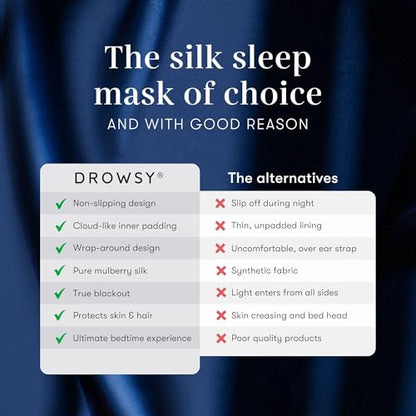 DROWSY Silk Sleep Mask - Face-Hugging, Padded Cocoon for Luxury Sleep in Total Darkness - 100% Pure Mulberry Silk, Skin-Hydrating & Adjustable (Midnight Blue) - color: Midnight Blue, size: 1 Count (Pack of 1)