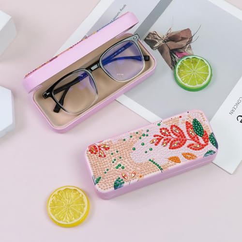 FlyingMage 5D Diamond Art Painting Kit for Adults Beginner, Small DIY Diamond Dots Gem Art Painting Mosaic Kits, Cute Hard Shell Sunglasses Eyeglasses Glasses Case for Women Teen, Boho Leaf - color: Pink Leaf