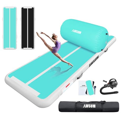 AWSUM Inflatable Gymnastics Mat with Air Roller Barrel Tumbling Equipment - color: Mint Green/White+Green/Black Roller, size: 13ft*3.3ft*4in &(L)40in*Diam23.6in