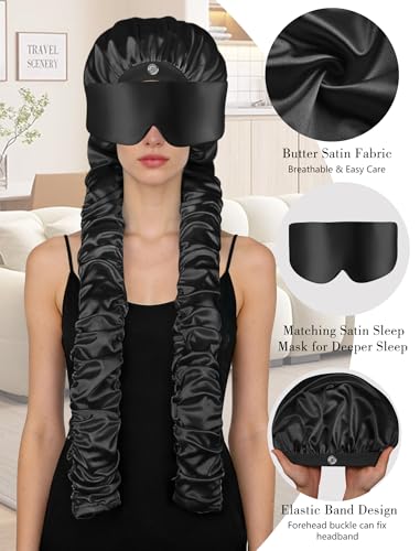 Satin Bonnet for Sleeping with Eye Mask，No Slip Sleep Bonnet with Long Curling Ribbons for Braids & Long Hair - color: Black