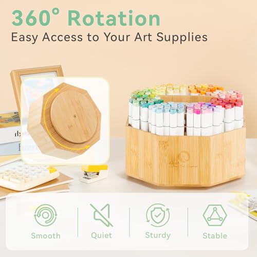 Ohuhu 360° Rotating Marker Organizer Holds 162 Honolulu & B Oahu Markers | 360-Degree Rotating Bamboo Desktop Storage Markers Pens Pencil Holder with 10 Compartments for Home Classroom Office Decor