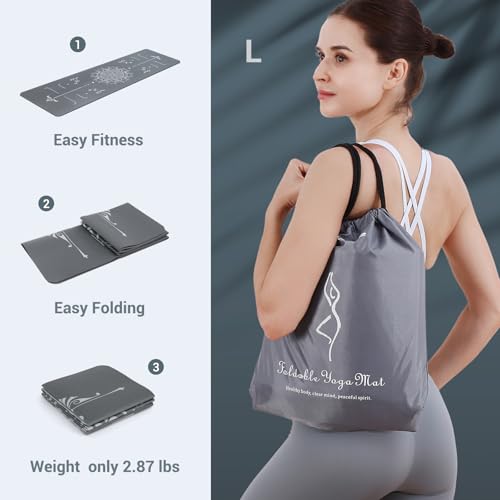 Avoalre Yoga Mat Foldable - Textured Non Slip Exercise Mat -Travel Lightweight Hot Yoga Mat with Carry Bag for Pilates & Home Workouts (72"L x 24"W x 3mm Thick), Gray