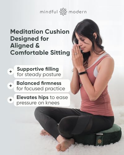 Mindful Modern Velvet Meditation Cushion | Luxe Zafu Yoga Floor Pillow Seat | Posture Support | Buckwheat Hull Filled | Large Round Cushion with Removable Washable Cover + Carry Handle - color: Emerald