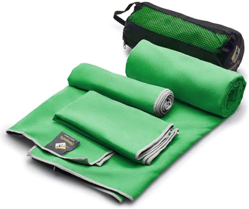 OlimpiaFit Quick Dry Towel - 3 Size Pack of Lightweight Microfiber Travel Towels w/Bag - Fast Drying Towel Set for Camping, Beach, Gym, Backpacking, Sports, Yoga & Swim Use - color: Green (3 Size Set)