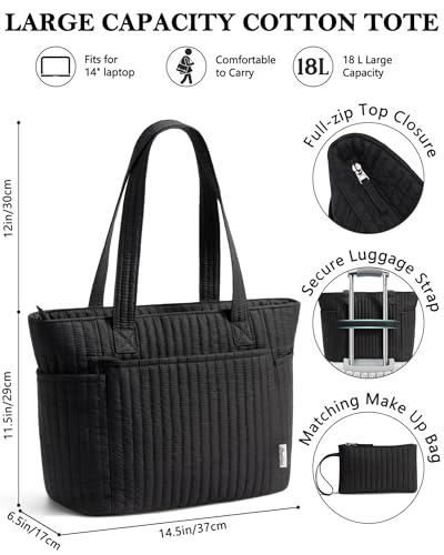 Bagstellar Quilted Tote Bag for Women Teacher Nurse Cotton Laptop Work Tote | Top Zip Closure Puffer Nursing School Travel Tote Bags with 40oz Cup Holder, Lightweight 14” Computer Shoulder Handbag Purses - color: Black