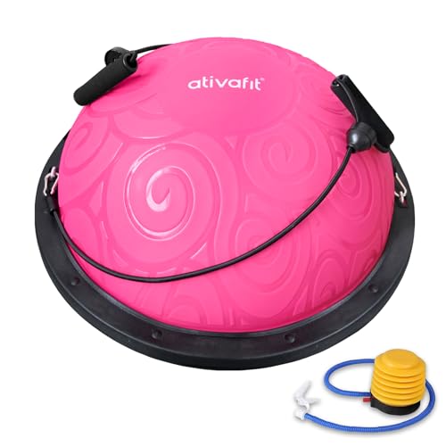 ATIVAFIT Balance Ball Trainer - Half Exercise Ball with Inflation Pump & Resistance Bands - Anti-Burst PVC Stability Trainer for Home Gym, Yoga, Core Training - 660 lbs Capacity - color: pink