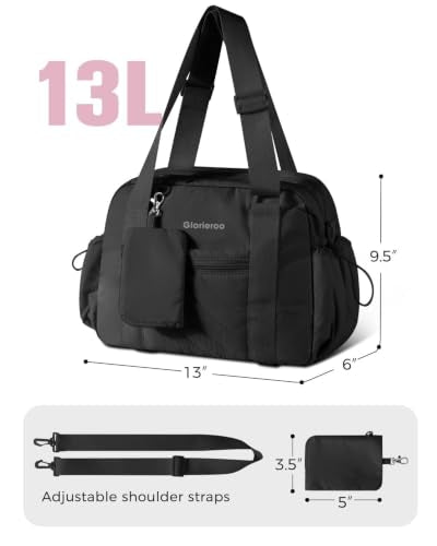 Small Gym Bag for Women - Duffle Weekender Work Duffel Carry on Tote Bag | Puffer Yoga Mat Holder Wet Compartment Coin Purse BPA-Free - color: Black