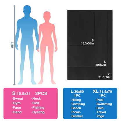캠핑 타월 L 사이즈 극세사 빠른 건조 경량 여행용 바디 수영장 해변 요가 매트 타월 (블랙, 1팩 L) - color: 블랙., size: 1 Pack L