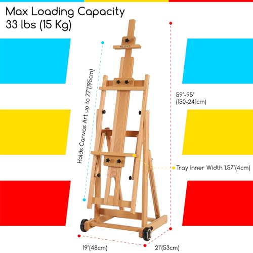 MEEDEN Versatile Studio H-Frame Easel - All Media Adjustable Beech Wood Studio Easel, Painting Floor Easel Stand, Movable and Tilting Flat Available, Holds Canvas Art up to 77" - style: Natural