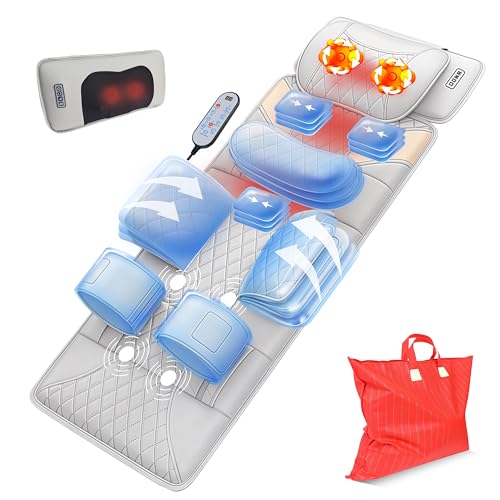 Full Body Massage Mat with Heat,Back Massage Pad with Movable Shiatsu Neck Massager for Bed Sofa,3D Airbags Body Stretching & Lumbar Traction,Portable & Foldable,Gifts for Men Women