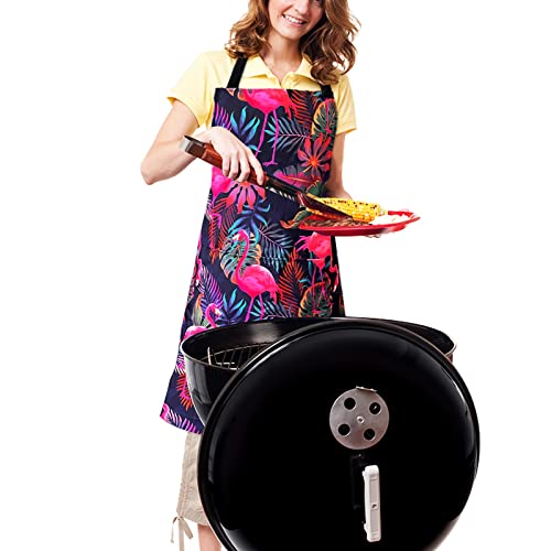 Adjustable Waterproof Apron Bib Apron with 2 Pockets Cooking Kitchen Aprons for Women Men Chef - color: Flamingo Apron