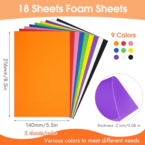 18 Sheets EVA Foam Sheets, 9 Colors 5.5 x 8.5 Inch 2mm Craft Foam | 9 Vibrant Colors. Soft EVA Material. Easy Cutting. Flexible DIY Crafting. Multiple Creative Uses. School Project Essential.
