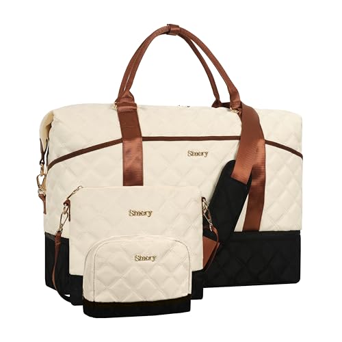 Weekender Bag, Large Travel Duffel Bag for Women, Carry on Overnight Bag with Shoe Compartment and Toiletry Bags - color: G-3PCS Beige Black Brown