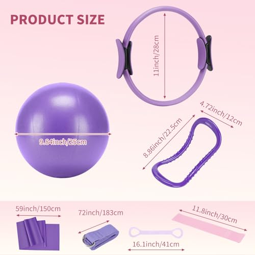 Pilates Ring Set for Women, Home Workout Pilates Equipment with Resistance Bands, 14'' Magic Circle, Mini Ball, Pilates Starter Kit for Strength - color: Purple