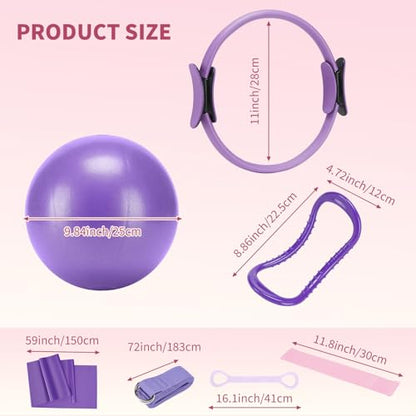 Pilates Ring Set for Women, Home Workout Pilates Equipment with Resistance Bands, 14'' Magic Circle, Mini Ball, Pilates Starter Kit for Strength - color: Purple