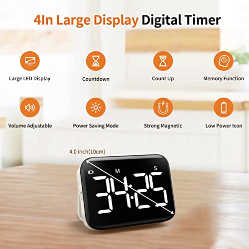 Digital Kitchen Timer, Magnetic Large Display for Cooking & Classroom - color: Cool White