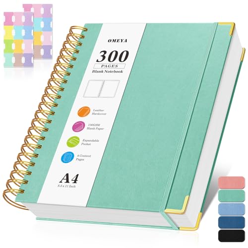 Blank Spiral Notebook: Sketch Book 8.5" X 11", Hardcover Leather Sketchbook | 300 Pages Unlined Notebooks for Women Men,100gsm Thick Paper Journal, A4 Large Art Sketchbook for Drawing Writing Work, Green - color: Green, size: A4