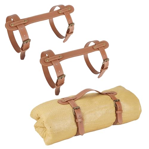 3PCS Outdoor Picnic Blanket Carry Strap, 24.4inch Leather Blanket Straps for Carrying, Yoga Mat Strap, Portable Handle Bedroll Motorcycle Blanket Roll Carrier with Adjustable Straps for Camping