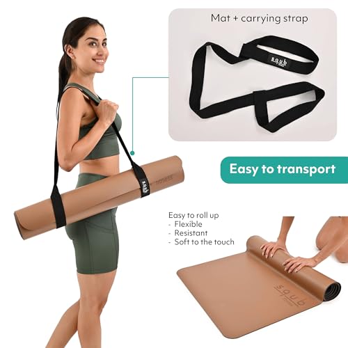 Yoga Mat 5mm Thick – Non Slip Exercise Workout Pad, PU Natural Rubber Grip, Extra Large 183x68 cm, Pilates Fitness Training, Includes Strap & Carry Bag - color: CAMEL