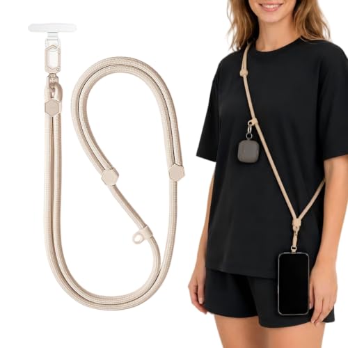 Adjustable Crossbody Phone Lanyard, Braided Cord with Tether Tab | Braided cord, Tether tab, Secure clasp, Accessory clip for hands-free crossbody use - color: Beige