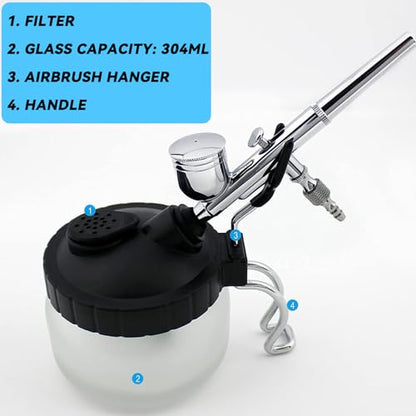 Langlengtec Airbrush Cleaning Kit Wash Jar with 5pcs Nozzle Set, 5pcs Brushes for Home and Office Use, Stainless Steel Duster with air Brush Needle Wrench