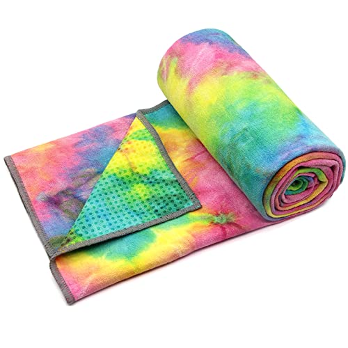 Eunzel Yoga Towel,Hot Yoga Mat Towel with Grip Dots Sweat Absorbent Non-Slip for Hot Yoga, Pilates and Workout 24" x72", Yellow & Blue & Pink - color: Yellow & Blue & Pink, size: 72" x 24"