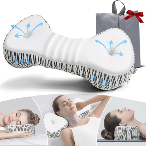Neck Support Pillow, Cervical Neck Roll Memory Foam Pillow, Cervical Traction Device, Neck Pillow for Side Sleepers, Camping & Travel Pillow with Portable Bag - color: White & Black