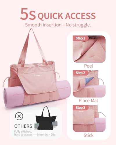 sportsnew Yoga Mat Bag Waterproof Tote Gym Bag Mat Carrier W/Wet Pocket | hook-and-loop mat holder 5s quick access, 40oz handled bottle pocket, wet bag, lightweight waterproof, drawstring pockets,19L - color: Lotus Root Pink