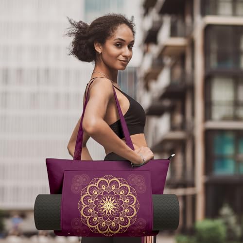 Yoga Bag for Women, Large Canvas Yoga Mat Tote Bag with Yoga Mat Carrier - color: Purple Mandala
