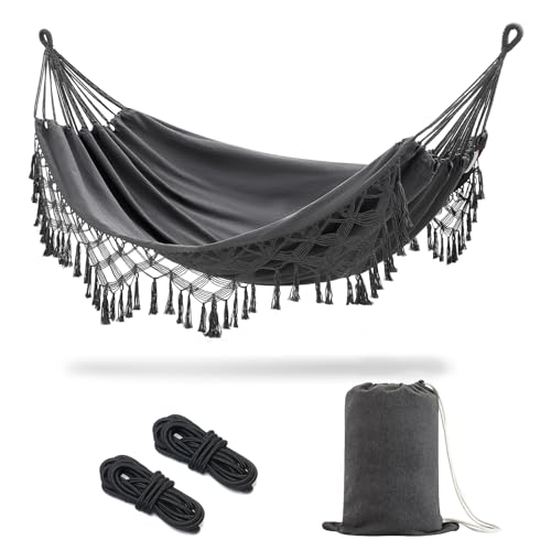 JoyView Boho Macrame Double Hammock with Hanging Ropes & Elegant Tassels 86.6x59 Portable Cotton Hammock for Patio Backyard Porch 450LBS Weight Capacity Perfect for Outdoor/Indoor - Dark Grey - color: Dark Grey