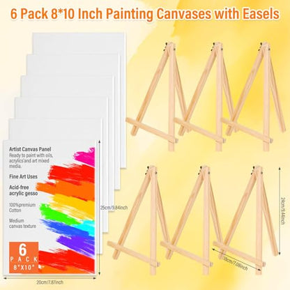 Canvas Boards with Easel for Painting 6 Pack 8 x 10 Inch Small Canvases Panels with Pine Easels Beginner PaintingKit for Acrylic Oil Watercolor Crafts Sip and Paint Art Party - style: Canvas and Easel 12