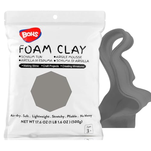BOHS Foam Clay, Gray Air Dry Modeling Clay, 1.1 lb | Soft, lightweight; crack-free finish; EVA and polystyrene foam details; cosplay props, figurines, fake bakes and slime making - color: Gray, size: 500 g