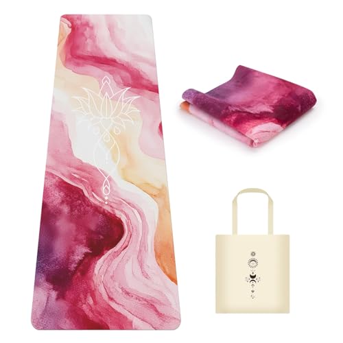 Travel Suede Yoga Mat 1.5mm Thick Non Slip Foldable Lightweigh Sweat Absorbent Exercise Mat for Hot Yoga Pilates Home Gym Outdoor, 72"L x 24"W, 3 lbs - color: Pink