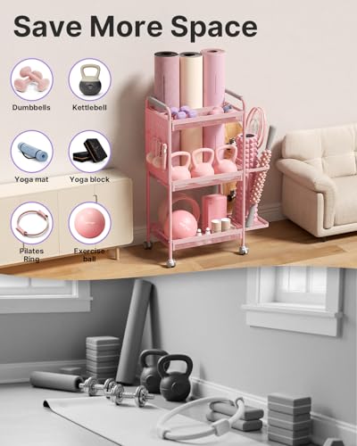 YOTTOY 3-Tier Gym Storage Rack for Home Gym–Multi-Functional Weight Rack, Dumbbell Rack, Yoga Mat Holder with Side Basket & 6 Hooks, Gym Equipment Organizer - color: Pink