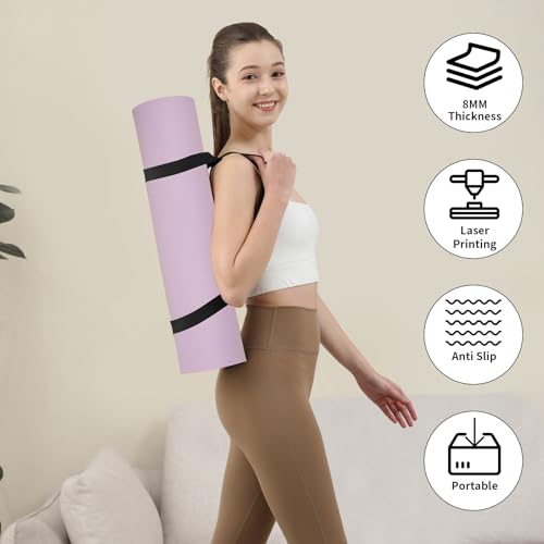 HAHE Yoga Mat Thick (8MM,1/3"), Eco-Friendly POE Non Slip Yoga Mat, High Rebound & Shock Absorption, Anti-Tear & Sweat-Resistant for Yoga, Fitness, Home, Workouts, Large Pilates Mats 72"x24" with Carrying Strap - color: Taro Purple