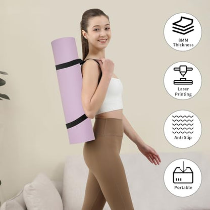 HAHE Yoga Mat Thick (8MM,1/3"), Eco-Friendly POE Non Slip Yoga Mat, High Rebound & Shock Absorption, Anti-Tear & Sweat-Resistant for Yoga, Fitness, Home, Workouts, Large Pilates Mats 72"x24" with Carrying Strap - color: Taro Purple