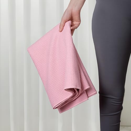 MICROFI New Microfiber Hot Yoga Towel Mat, 24 x 72 inches, with Non-Slip Silicone Grip, Secure Fit Elastic Straps - color: Pink