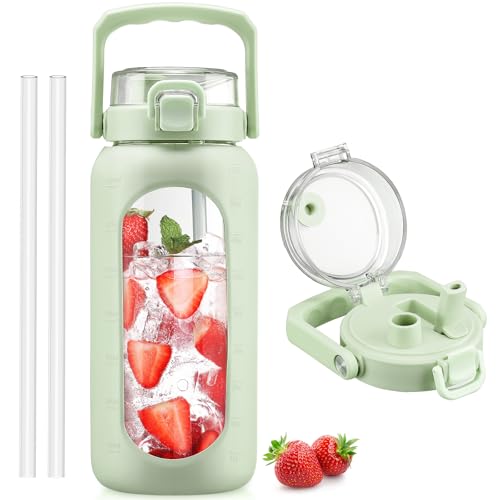 BLUEGO 64oz Glass Water Bottle with Handle and Straw, Motivational Sports Water Bottle with Time Marker and Silicone Sleeve Leakproof Drinking Bottle for Travel Gym Workout, Light Green - color: Light Green, size: 64 Ounces
