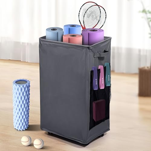 Yoga Mat Storage Racks, Home Gym Storage Rack with Wheels, Yoga Mat Holder Side 2 Mesh Pockets, Yoga Storage Basket Holds 4 Yoga Mats, 2 Foam Rollers, 6 Resistance Bands - color: Dark Gray